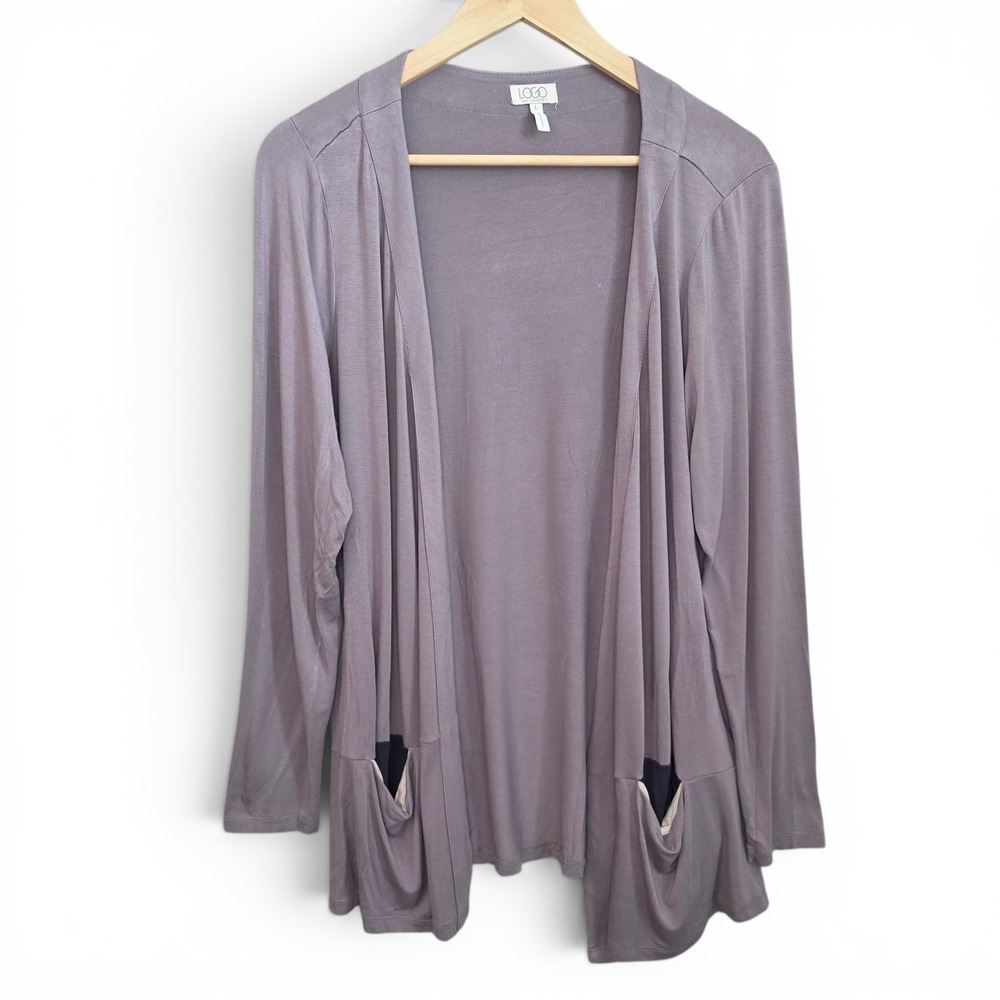 LOGO‎ Lori Goldstein Cardigan Womens Large Gray Open Front Pockets Casual Ladies